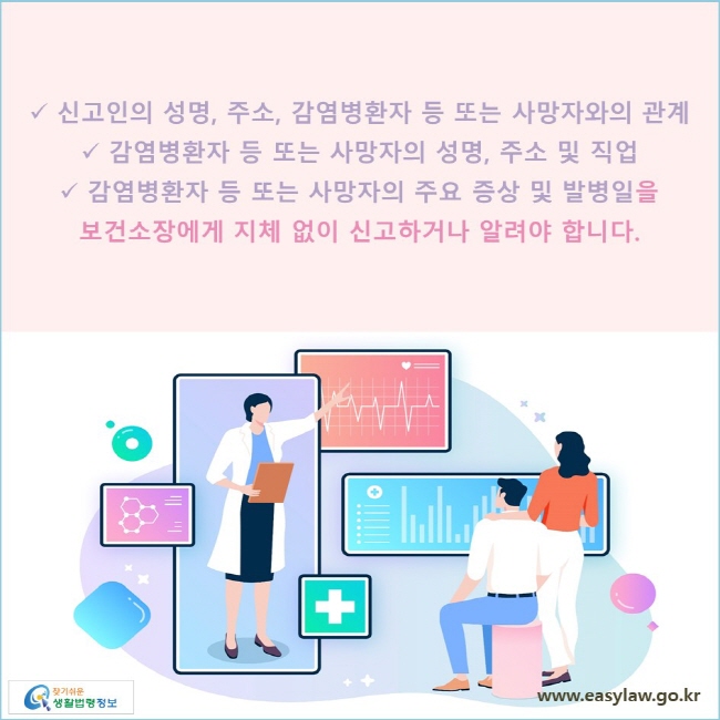 신고인의 성명, 주소, 감염병환자 등 또는 사망자와의 관계, 
감염병환자 등 또는 사망자의 성명, 주소 및 직업, 
감염병환자 등 또는 사망자의 주요 증상 및 발병일을 보건소장에게 지체 없이 신고하거나 알려야 합니다.