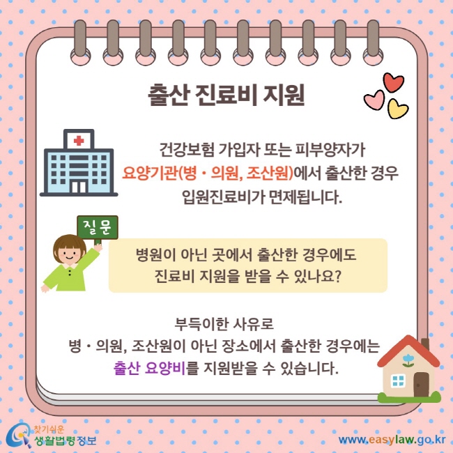 출산 진료비 지원 건강보험 가입자 또는 피부양자가 요양기관(병ㆍ의원, 조산원)에서 출산한 경우&nbsp; 입원진료비가 면제됩니다. 병원이 아닌 곳에서 출산한 경우에도&nbsp; 진료비 지원을 받을 수 있나요? 부득이한 사유로&nbsp; 병ㆍ의원, 조산원이 아닌&nbsp;장소에서 출산한 경우에는&nbsp; 출산 요양비를 지원받을 수 있습니다.