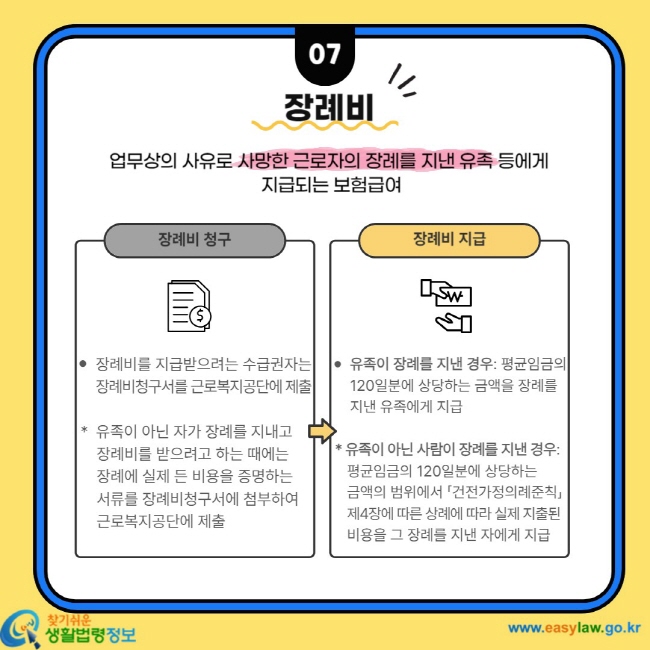 장례비 업무상의 사유로 사망한 근로자의 장례를 지낸 유족 등에게 지급되는 보험급여 장례비 청구 장례비를 지급받으려는 숫급권자는 장례비청구서를 근로복지공단에 제출 *유족이 아닌 자가 장례를 지내고 장례비를 받으려고 하는 때에는 장례에 실제 든 비용을 증명하는 서류를 장례비청구서에 첨부하여 근로복지공단에 제출 장례비 지급 유족이 장례를 지낸경우: 평균임금의 120일분에 상당하는 금액을 장례를 지낸 유족에게 지급 *유족이 아닌 사람이 장례를 지낸 경우: 평균임금의 120일분에 상당하는 금액의 범위에서  「건전가정의례준칙」 제4장에 따른 상례에 따라 실제 지출된 비용을 그 장례를 지낸 자에게 지급