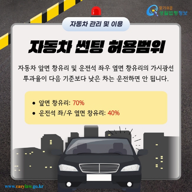 자동차 관리 및 이용 자동차 썬팅 허용범위 자동차 앞면 창유리 및 운전석 좌우 옆면 창유리의 가시광선 투과율이 다음 기준보다 낮은 차는 운전하면 안 됩니다. 앞면 창유리: 70% 운전석 좌/우 옆면 창유리: 40%