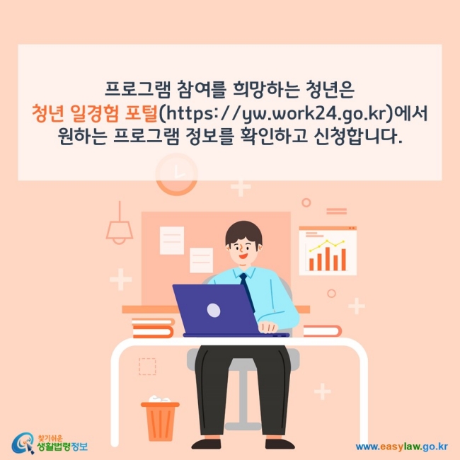 프로그램 참여를 희망하는 청년은 청년 일경험 포털(https://yw.work24.go.kr)에서 원하는 프로그램 정보를 확인하고 신청합니다. 찾기쉬운 생활법령정보 www.easylaw.go.kr