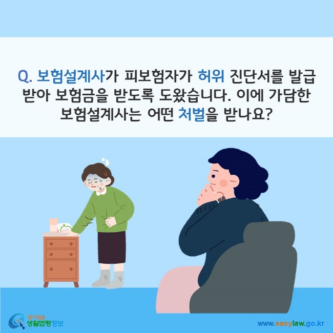 www.easylaw.go.kr Q. 보험설계사가 피보험자가 허위 진단서를 발급받아 보험금을 받도록 도왔습니다. 이에 가담한 보험설계사는 어떤 처벌을 받나요?