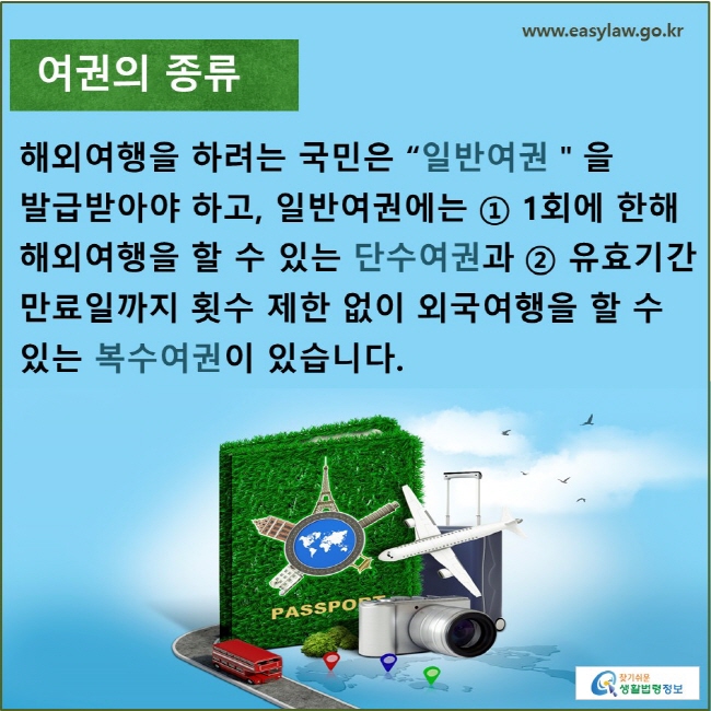 여권의 종류:  해외여행을 하려는 국민은 “일반여권＂을 발급받아야 하고, 일반여권에는 ① 1회에 한해 해외여행을 할 수 있는 단수여권과 ② 유효기간 만료일까지 횟수 제한 없이 외국여행을 할 수 있는 복수여권이 있습니다. 
