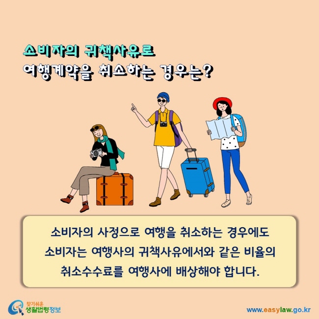 소비자의 귀책사유로 여행계약을 취소하는 경우는? 소비자의 사정으로 여행을 취소하는 경우에도 소비자는 여행사의 귀책사유에서와 같은 비율의 취소수수료를 여행사에 배상해야 합니다.