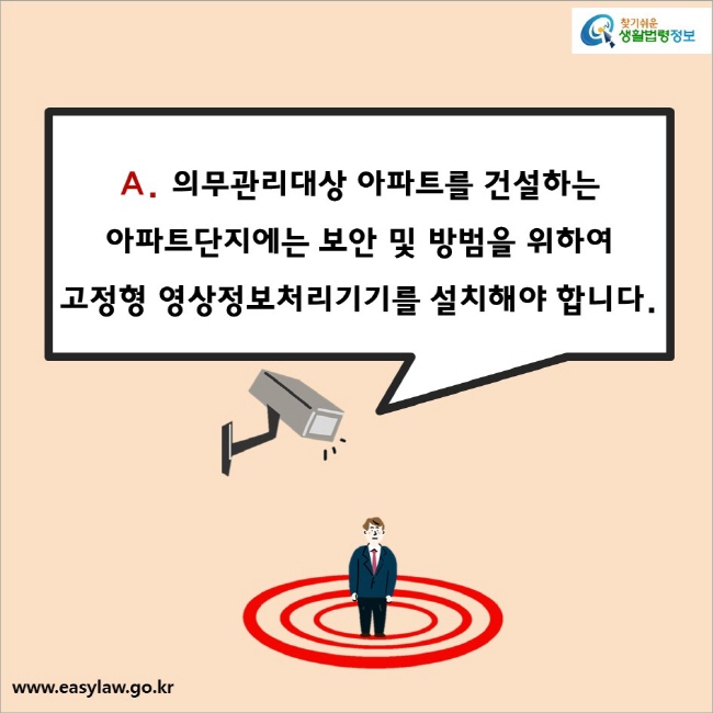 A. 의무관리대상 아파트를 건설하는 아파트단지에는 보안 및 방범을 위하여 고정형 영상정보처리기기를 설치해야 합니다.