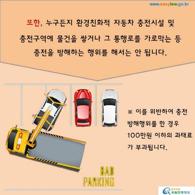 또한, 누구든지 환경친화적 자동차 충전시설 및 충전구역에 물건을 쌓거나 그 통행로를 가로막는 등 충전을 방해하는 행위를 해서는 안 됩니다.※ 이를 위반하여 충전방해행위를 한 경우 100만원 이하의 과태료가 부과됩니다.