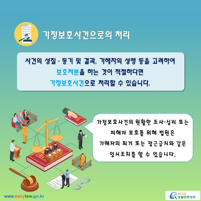 가정보호사건으로의 처리

사건의 성질ㆍ동기 및 결과, 가해자의 성행 등을 고려하여 보호처분을 하는 것이 적절하다면 가정보호사건으로 처리할 수 있습니다.
가정보호사건의 원활한 조사·심리 또는 피해자 보호를 위해 법원은 가해자의 퇴거 또는 접근금지와 같은 임시조치를 할 수 있습니다.