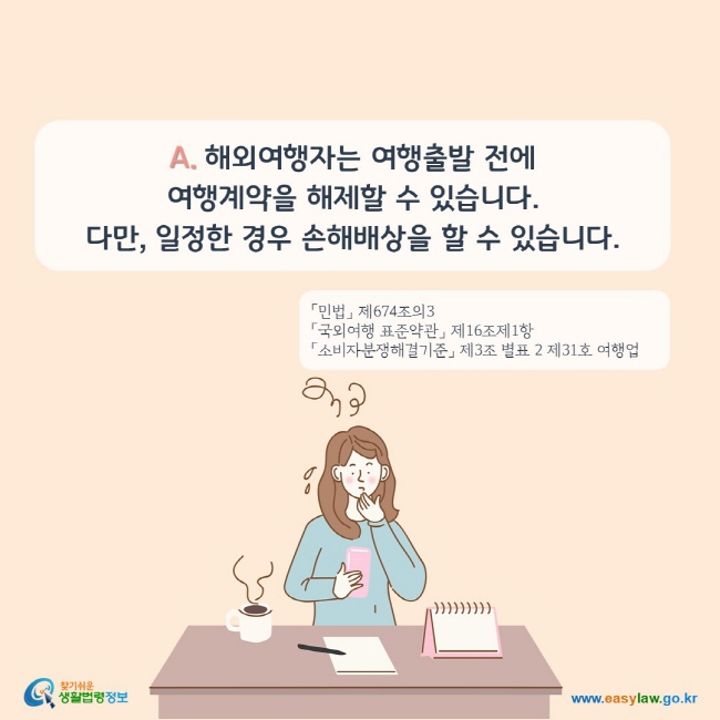 A. 해외여행자는 여행출발 전에 여행계약을 해제할 수 있습니다. 다만, 일정한 경우 손해배상을 할 수 있습니다.