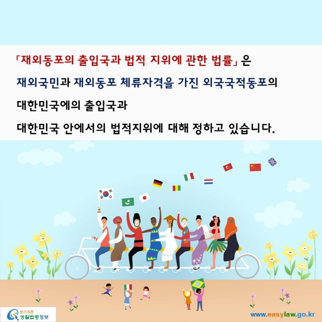 「재외동포의 출입국과 법적 지위에 관한 법률」 은
재외국민과 재외동포 체류자격을 가진 외국국적동포의
대한민국에의 출입국과 대한민국 안에서의 법적지위에 대해 정하고 있습니다.