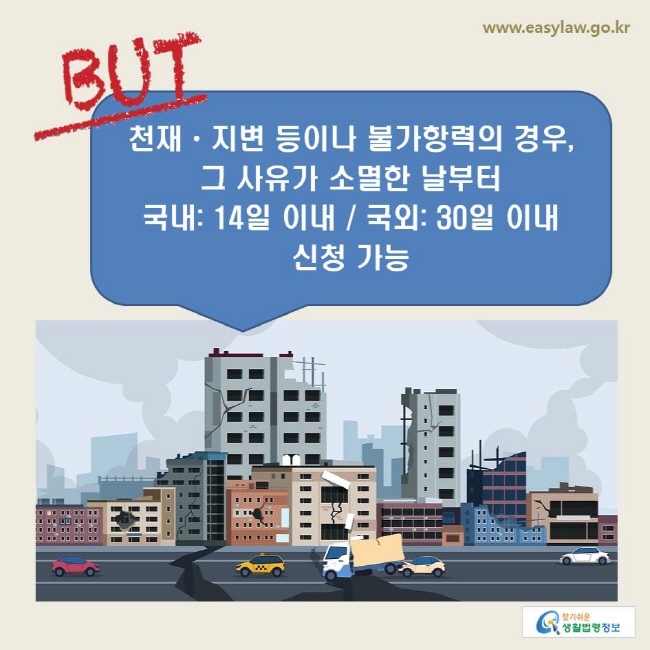 www.easylaw.go.kr 천재ㆍ지변 등이나 불가항력의 경우, 그 사유가 소멸한 날부터 국내: 14일 이내 / 국외: 30일 이내 신청 가능