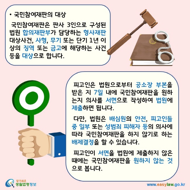 국민참여재판의 대상 국민참여재판은 판사 3인으로 구성된 법원 합의재판부가 담당하는 형사재판 대상사건, 사형, 무기 또는 단기 1년 이상의 징역 또는 금고에 해당하는 사건 등을 대상으로 합니다. 피고인은 법원으로부터 공소장 부본을 받은 지 7일 내에 국민참여재판을 원하는지 의사를 서면으로 작성하여 법원에 제출하면 됩니다. 다만, 법원은 배심원의 안전, 피고인들 중 일부 또는 성범죄 피해자 등의 의사에 따라 국민참여재판을 하지 않기로 하는 배제결정을 할 수 있습니다. 피고인이 서면을 법원에 제출하지 않은 때에는 국민참여재판을 원하지 않는 것으로 봅니다. 찾기쉬운 생활법령정보 로고 www.easylaw.go.kr