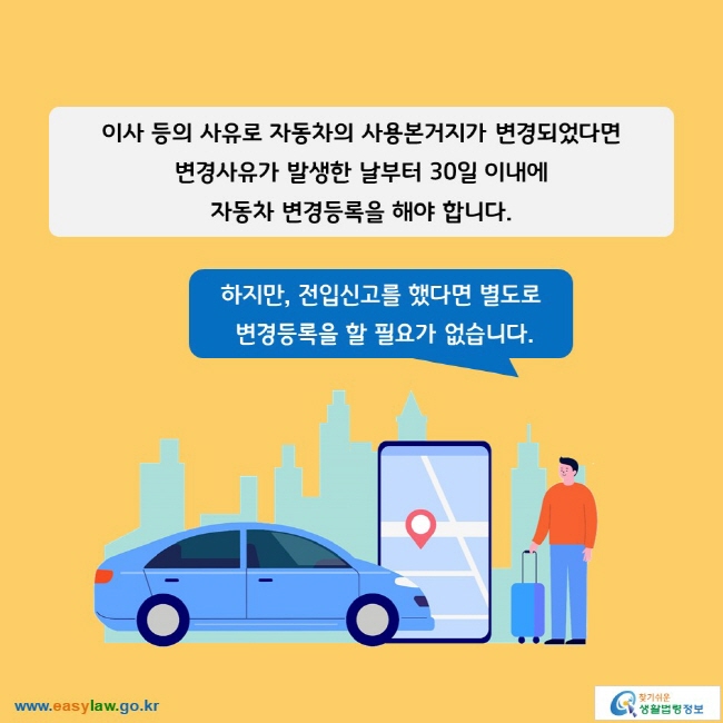 이사 등의 사유로 자동차의 사용본거지가 변경되었다면 변경사유가 발생한 날부터 30일 이내에 자동차 변경등록을 해야 합니다.

하지만, 전입신고를 했다면 별도로 변경등록을 할 필요가 없습니다.