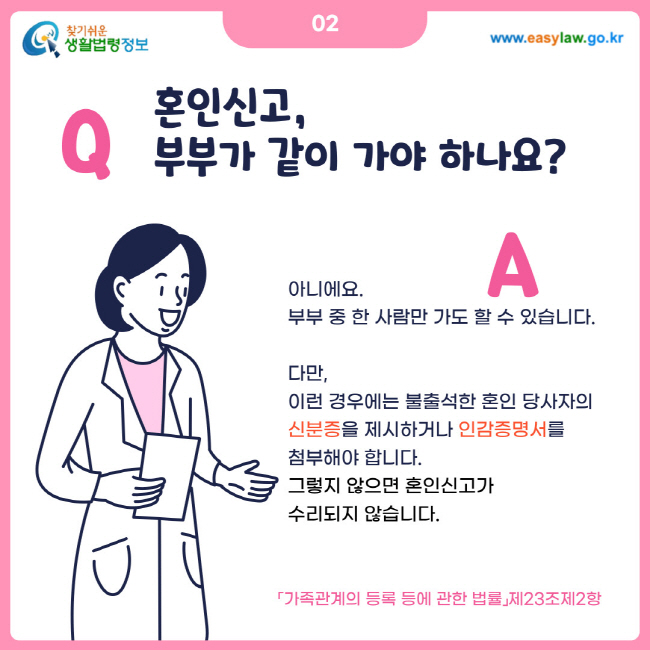 02. 혼인신고, 부부가 같이 가야 하나요? 아니에요 부부 중 한 사람만 가도 할 수 있습니다. 다만, 이런 경우에는 불출석한 혼인 당사자의 신분증을 제시하거나 인감증명서를 첨부해야 합니다. 그렇지 않으면 혼인신고가 수리되지 않습니다. 가족관계 등록 등에 관한 법률 제23조제2항