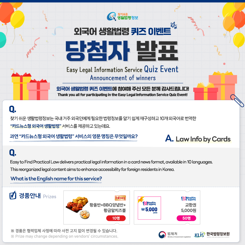 찾기 쉬운 생활법령정보 외국어 생활법령 퀴즈 이벤트 당첨자 발표 Easy Legal Information Service Quiz Event Announcement of winners 외국어 생활법령 퀴즈 이벤트에 참여해주신 모든 분께 감사드립니다! Thank you all for participathing in the Easy Legal Information Service Quiz Event! Q. 찾기 쉬운 생활법령정보는 국내 거주 외국인에게 필요한 법령정보를 알기 쉽게 재구성하고 10개 외국어로 번역한 “카드뉴스형 외국어 생활법령” 서비스를 제공하고 있는데요. 과연 “카드뉴스형 외국어 생활법령” 서비스의 영문 명칭은 무엇일까요? Q. Easy to Find Practical Law delivers practical legal information in a card news format, available in 10 languages. This reorganized legal content aims to enhance accessibility for foreign residents in Korea. What is the English name for this service? A. Law info by cards 경품안내 Prizes [BBQ] 황올반+BBQ양념반+황금알치즈볼 10명, [배스킨라빈스] 교환권 5,000원 50명 ※ 경품은 협력업체 사정에 따라 사전 고지 없이 변경될 수 있습니다. ※ Prize may change depending on vendor's circumstances. 법제처 한국법령정보원