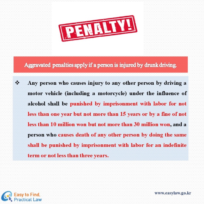 PENALTY! Aggravated penalties apply if a person is injured by drunk driving. Any person who causes injury to any other person by driving a motor vehicle (including a motorcycle) under the influence of alcohol shall be punished by imprisonment with labor for not less than one year but not more than 15 years or by a fine of not less than 10 million won but not more than 30 million won, and a person who causes death of any other person by doing the same shall be punished by imprisonment with labor for an indefinite term or not less than three years.