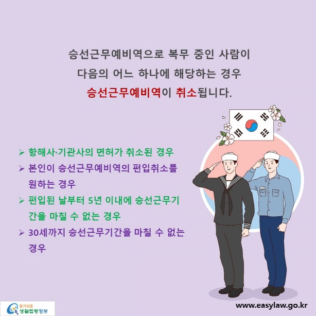 승선근무예비역으로 복무 중인 사람이 다음의 어느 하나에 해당하는 경우 승선근무예비역이 취소됩니다.
항해사·기관사의 면허가 취소된 경우
본인이 승선근무예비역의 편입취소를 원하는 경우
편입된 날부터 5년 이내에 승선근무기간을 마칠 수 없는 경우
30세까지 승선근무기간을 마칠 수 없는 경우