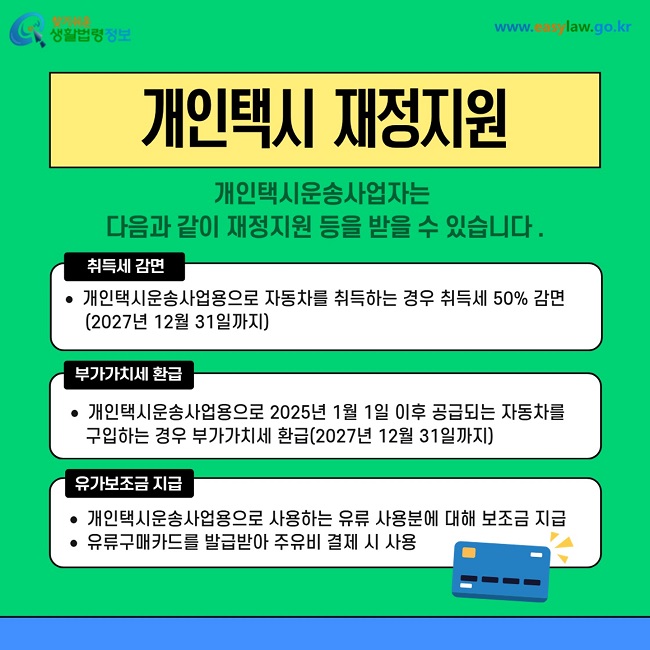 개인택시 재정지원 개인택시운송사업자는 다음과 같이 재정지원 등을 받을 수 있습니다. 취득세 감면 개인택시운송사업용으로 자동차를 취득하는 경우 취득세 50% 감면(2027년 12월 31일까지). 부가가치세 환급 개인택시운송사업용으로 2025년 1월 1일 이후 공급되는 자동차를 구입하는 경우 부가가치세 환급(2027년 12월 31일까지). 유가보조금 지급 개인택시운송사업용으로 사용하는 유류 사용분에 대해 보조금 지급 유류구매카드를 발급받아 주유비 결제 시 사용.