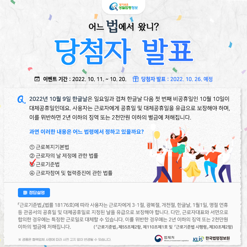 찾기 쉬운 생활법령정보 어느 법에서 왔니? 당첨자 발표 이벤트 기간: 2022. 10. 11.~10. 20. 당첨자 발표: 2022. 10. 26. 예정 Q. 2022년 10월 9일 한글날은 일요일과 겹쳐 한글날 다음 첫 번째 비공휴일인 10월 10일이 대체공휴일인데요.    사용자는 근로자에게 공휴일 및 대체공휴일을 유급으로 보장해야 하며, 이를 위반하면 2년 이하의 징역 또는 2천만원 이하의 벌금에 처해집니다.     과연 이러한 내용은 어느 법령에서 정하고 있을까요?     ① 근로복지기본법    ② 근로자의 날 제정에 관한 법률    ③ 근로기준법    ④ 근로자참여 및 협력증진에 관한 법률  정답: ③ 근로기준법  「근로기준법」(법률 18176호)에 따라 사용자는 근로자에게 3·1절, 광복절, 개천절, 한글날, 1월1일, 명절 연휴 등 관공서의 공휴일 및 대체공휴일로 지정된 날을 유급으로 보장해야 합니다. 다만, 근로자대표와 서면으로 합의한 경우에는 특정한 근로일로 대체할 수 있습니다. 이를 위반한 경우에는 2년 이하의 징역 또는 2천만원 이하의 벌금에 처해집니다.   ( 「근로기준법」 제55조제2항, 제110조제1호 및  「근로기준법 시행령」 제30조제2항)  ※ 경품은 협력업체 사정에 따라 사전 고지 없이 변경될 수 있습니다. 법제처 한국법령정보원