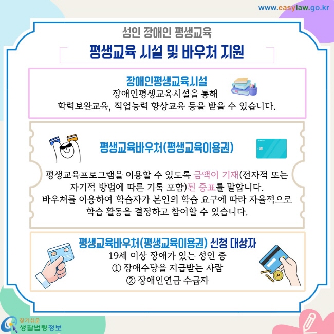 성인 장애인 평생교육. 평생교육 시설 및 바우처 지원. 장애인평생교육시설 장애인평생교육시설을 통해  학력보완교육, 직업능력 향상교육 등을 받을 수 있습니다.  평생교육바우처(평생교육이용권)  평생교육프로그램을 이용할 수 있도록 금액이 기재(전자적 또는 자기적 방법에 따른 기록 포함)된 증표를 말합니다. 바우처를 이용하여 학습자가 본인의 학습 요구에 따라 자율적으로 학습 활동을 결정하고 참여할 수 있습니다. 평생교육바우처(평생교육이용권) 신청 대상자 19세 이상 장애가 있는 성인 중 ① 장애수당을 지급받는 사람 ② 장애인연금 수급자