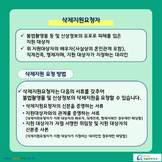 삭제지원요청자. 불법촬영물 등의 유포로 피해를 입은 지원 대상자, 그 배우자(사실상의 혼인관계 포함), 직계친족, 형제자매 또는 지원 대상자가 지정하는 대리인. 삭제지원 요청방법 삭제지원요청자는 다음의 서류를 갖추어 불법촬영물 및 신상정보의 삭제지원을 요청할 수 있습니다. 삭제지원요청자의 신분을 증명하는 서류, 지원대상자와의 관계를 증명하는 서류(삭제지원요청자가 지원 대상자의 배우자, 직계친족, 형제자매인 경우에만 해당함), 지원 대상자가 자필 서명한 위임장 및 지원 대상자의 신분증 사본(삭제지원요청자가 지원 대상자가 지정하는 대리인인 경우에만 해당함)