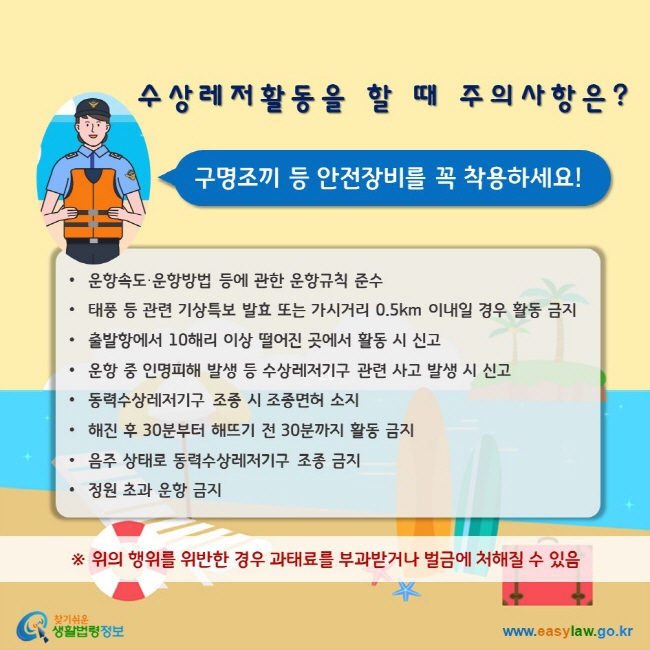 수상레저활동을 할 때 주의사항은? 구명조끼 등 안전장비를 꼭 착용하세요! 운항속도·운항방법 등에 관한 운항규칙 준수 태풍 등 관련 기상특보 발효 또는 가시거리 0.5km 이내일 경우 활동 금지 출발항에서 10해리 이상 떨어진 곳에서 활동 시 신고 운항 중 인명피해 발생 등 수상레저기구 관련 사고 발생 시 신고 동력수상레저기구 조종 시 조종면허 소지 해진 후 30분부터 해뜨기 전 30분까지 활동 금지 음주 상태로 동력수상레저기구 조종 금지 정원 초과 운항 금지 ※ 위의 행위를 위반한 경우 과태료를 부과받거나 벌금에 처해질 수 있음