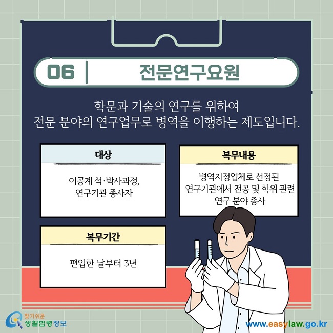 전문연구요원:  학문과 기술의 연구를 위하여  전문 분야의 연구업무로 병역을 이행하는 제도입니다.