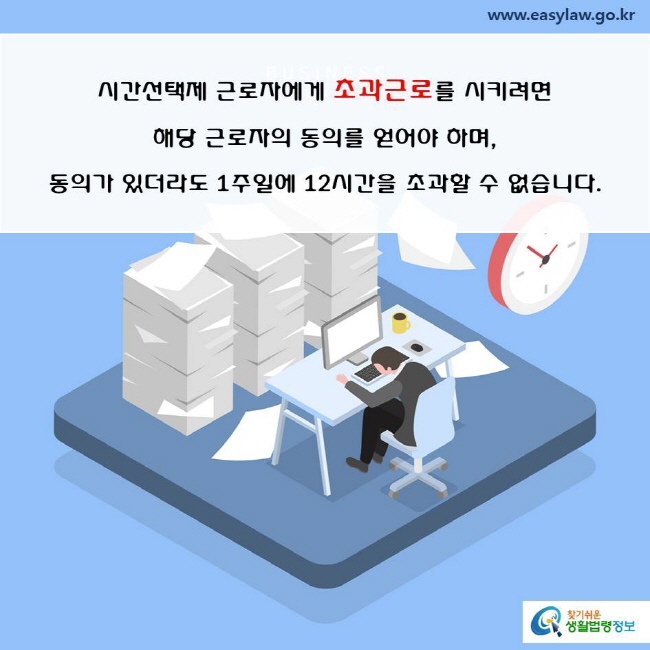 시간선택제 근로자에게 초과근로를 시키려면 해당 근로자의 동의를 얻어야 하며, 근로자의 동의가 있더라도 초과근로시간은 1주일에 12시간을 초과할 수 없습니다.