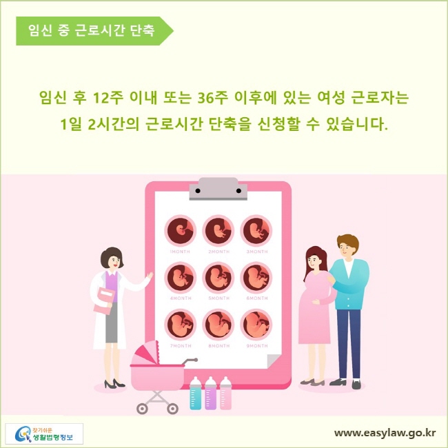 임신 중 근로시간 단축

임신 후 12주 이내 또는 36주 이후에 있는 여성 근로자는 1일 2시간의 근로시간 단축을 신청할 수 있습니다.