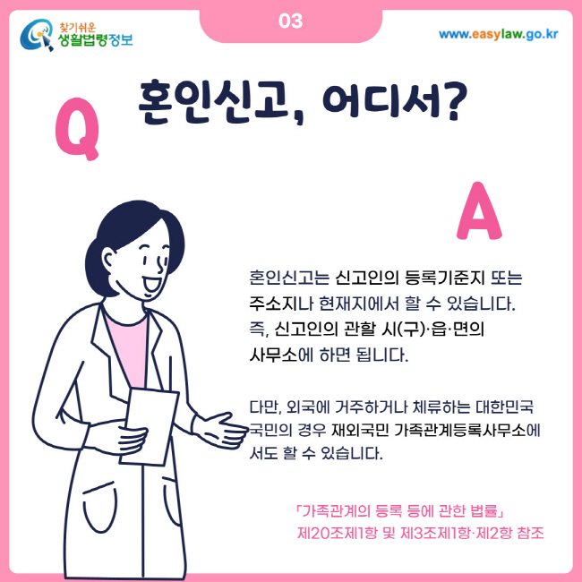 혼인신고, 어디서? 혼인신고는 신고인의 등록기준지 또는 주소지나 현재지에서 할 수 있습니다. 즉, 신고인의 관할 시(구) 읍 면의 사무소에서 하면 됩니다. 다만, 외국에 거주하거나 체류하는 대한민국 국민의 경우 재외국민 가족관계등록사무소에서도 할 수 있습니다. 가족관계의 등록 등에 관한 법률 제20조제1항 및 제3조제1항 제2항 참조