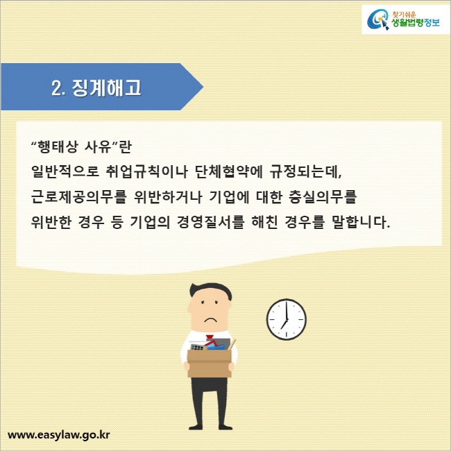 2. 징계해고

“행태상 사유”란 일반적으로 취업규칙이나 단체협약에 규정되는데, 근로제공의무를 위반하거나 기업에 대한 충실의무를 위반한 경우 등 기업의 경영질서를 해친 경우를 말합니다.