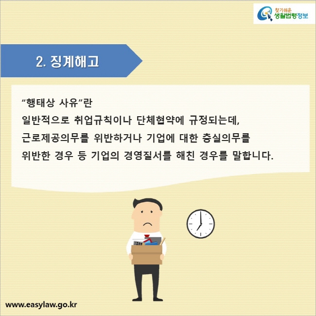 2. 징계해고

“행태상 사유”란 일반적으로 취업규칙이나 단체협약에 규정되는데, 근로제공의무를 위반하거나 기업에 대한 충실의무를 위반한 경우 등 기업의 경영질서를 해친 경우를 말합니다.