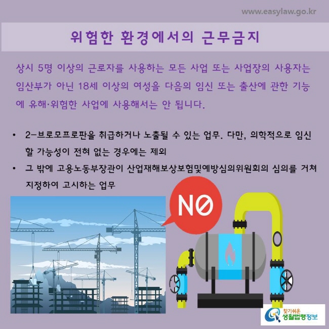 상시 5명 이상의 근로자를 사용하는 모든 사업 또는 사업장의 사용자는 
임산부가 아닌 18세 이상의 여성을 다음의 임신 또는 출산에 관한 기능에 유해·위험한 사업에 사용해서는 안 됩니다.

2-브로모프로판을 취급하거나 노출될 수 있는 업무. 다만, 의학적으로 임신할 가능성이 전혀 없는 경우에는 제외

그 밖에 고용노동부장관이 산업재해보상보험및예방심의위원회의 심의를 거쳐 정하여 고시하는 업무
