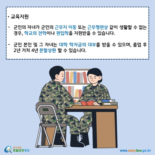 교육지원
군인의 자녀가 군인의 근무지 이동 또는 근무형편상 같이 생활할 수 없는 경우, 학교의 전학이나 편입학을 지원받을 수 있습니다.
군인 본인 및 그 자녀는 대학 학자금의 대부를 받을 수 있으며, 졸업 후 2년 거치 4년 분할상환 할 수 있습니다.
찾기쉬운 생활법령정보 로고
www.easylaw.go.kr
