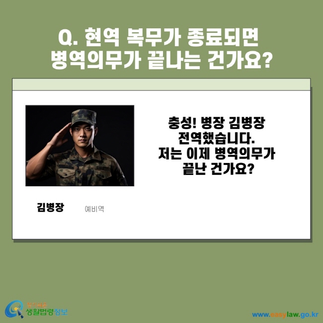 Q. 현역 복무가 종료되면 병역의무가 끝나는 건가요? 김병장 예비역 충성! 병장 김병장 전역했습니다. 저는 이제 병역의무가 끝난 건가요?
