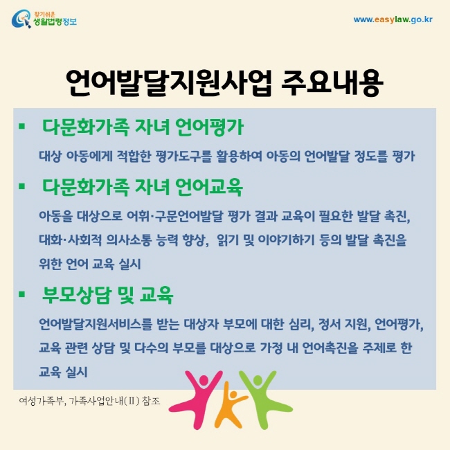 언어발달지원사업 주요내용: 다문화가족 자녀 언어평가       대상 아동에게 적합한 평가도구를 활용하여 아동의 언어발달 정도를 평가 다문화가족 자녀 언어교육       아동을 대상으로 어휘·구문언어발달 평가 결과 교육이 필요한 발달 촉진,       대화·사회적 의사소통 능력 향상,  읽기 및 이야기하기 등의 발달 촉진을        위한 언어 교육 실시 부모상담 및 교육       언어발달지원서비스를 받는 대상자 부모에 대한 심리, 정서 지원, 언어평가,        교육 관련 상담 및 다수의 부모를 대상으로 가정 내 언어촉진을 주제로 한 교육 실시