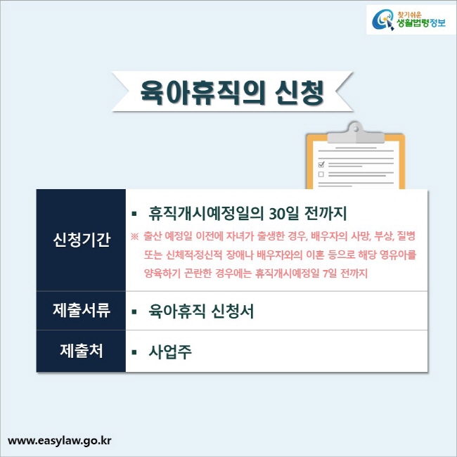 육아휴직의 신청

신청기간: 휴직개시예정일의 30일 전까지
※ 출산 예정일 이전에 자녀가 출생한 경우, 배우자의 사망, 부상, 질병 
또는 신체적·정신적 장애나 배우자와의 이혼 등으로 해당 영유아를
양육하기 곤란한 경우에는 휴직개시예정일 7일 전까지
제출서류: 육아휴직 신청서
제출처: 사업주