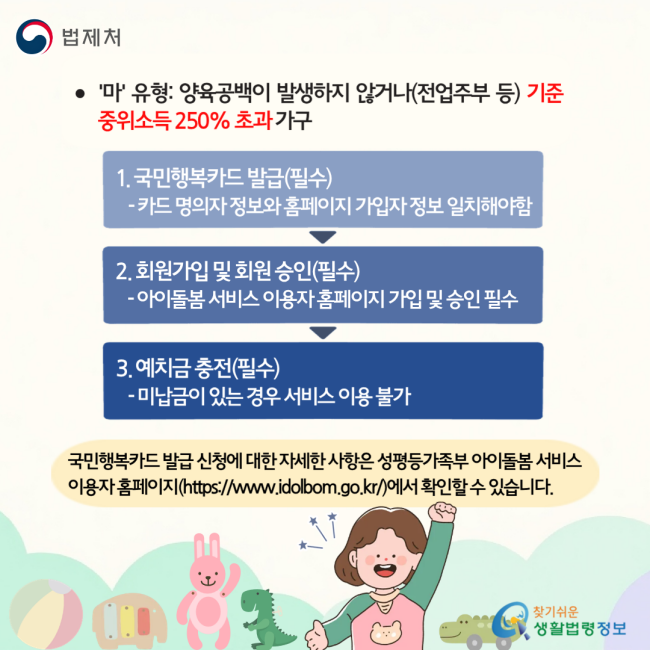 ‘마’ 유형: 양육공백이 발생하지 않거나(전업주부 등) 기준 중위소득 250% 초과 가구 1. 국민행복카드 발급(필수) - 카드 명의자 정보와 홈페이지 가입자 정보 일치해야함 2. 회원가입 및 회원 승인(필수) - 아이돌봄 서비스 이용자 홈페이지 가입 및 승인 필수 3. 예치금 충전(필수) - 미납금이 있는 경우 서비스 이용 불가 국민행복카드 발급 신청에 대한 자세한 사항은 성평등가족부 아이돌봄 서비스 이용자 홈페이지(https://www.idolbom.go.kr/)에서 확인할 수 있습니다.