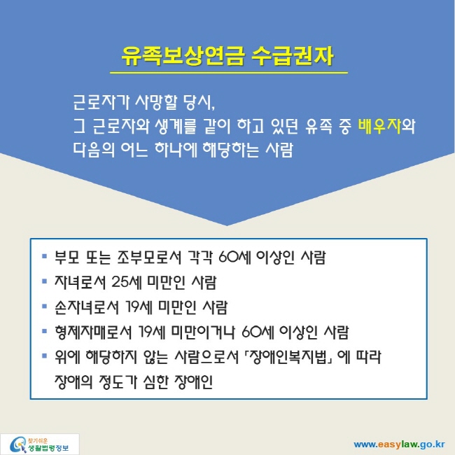 유족보상연금 수급권자

근로자가 사망할 당시, 
그 근로자와 생계를 같이 하고 있던 유족 중 배우자와
다음의 어느 하나에 해당하는 사람

● 부모 또는 조부모로서 각각 60세 이상인 사람
● 자녀로서 25세 미만인 사람
● 손자녀로서 19세 미만인 사람
● 형제자매로서 19세 미만이거나 60세 이상인 사람
● 위에 해당하지 않는 사람으로서 「장애인복지법」 에 따라 
● 장애의 정도가 심한 장애인