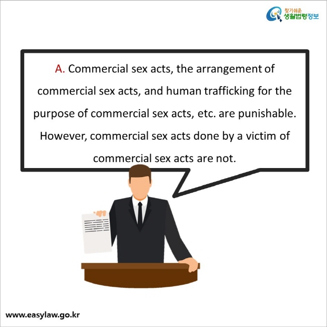 A. Commercial sex acts, the arrangement of commercial sex acts, and human trafficking for the purpose of commercial sex acts, etc. are punishable. However, commercial sex acts done by a victim of commercial sex acts are not.
