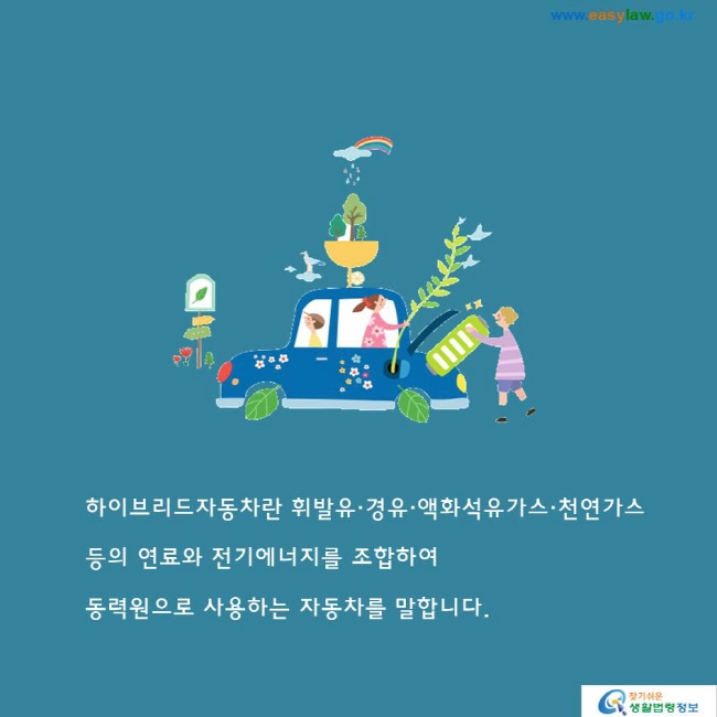 하이브리드자동차란 휘발유·경유·액화석유가스·천연가스 등의 연료와 전기에너지를 조합하여 동력원으로 사용하는 자동차를 말합니다.