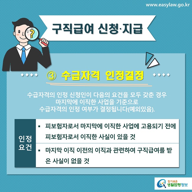 ③ 수급자격 인정결정
수급자격의 인정 신청인이 다음의 요건을 모두 갖춘 경우 
마지막에 이직한 사업을 기준으로 
수급자격의 인정 여부가 결정됩니다(예외있음).
인정요건
피보험자로서 마지막에 이직한 사업에 고용되기 전에 피보험자로서 이직한 사실이 있을 것
마지막 이직 이전의 이직과 관련하여 구직급여를 받은 사실이 없을 것
