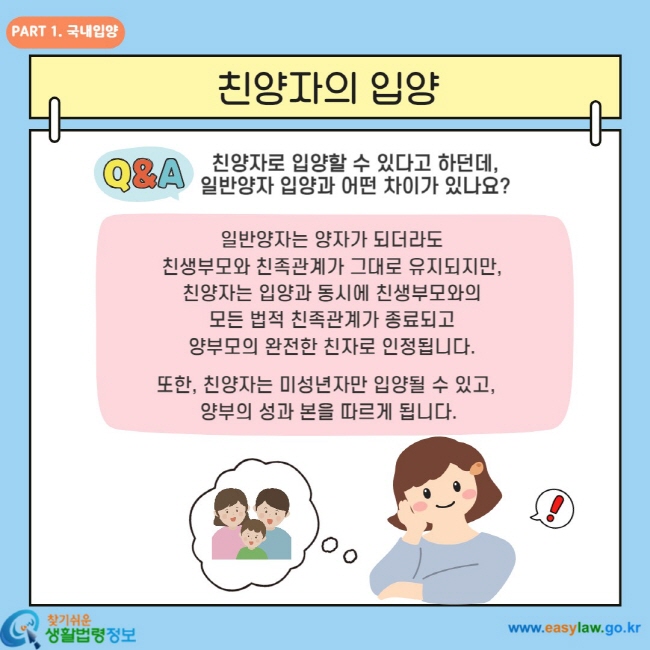 친양자의 입양 친양자로 입양할 수 있다고 하던데, 일반양자 입양과 어떤 차이가 있나요? 일반양자는 양자가 되더라도 친생부모와 친족관계가 그대로 유지되지만, 친양자는 입양과 동시에 친생부모와의 모든 법적 친족관계가 종료되고 양부모의 완전한 친자로 인정됩니다. 또한, 친양자는 미성년자만 입양될 수 있고, 양부의 성과 본을 따르게 됩니다.