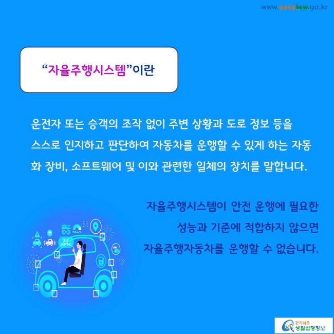 “자율주행시스템”이란 운전자 또는 승객의 조작 없이 주변 상황과 도로 정보 등을 스스로 인지하고 판단하여 자동차를 운행할 수 있게 하는 자동화 장비, 소프트웨어 및 이와 관련한 일체의 장치를 말합니다. 
 
자율주행시스템이 안전 운행에 필요한 성능과 기준에 적합하지 않으면 자율주행자동차를 운행할 수 없습니다. 