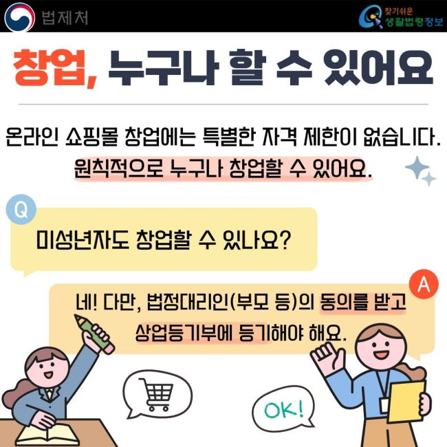 창업, 누구나 할 수 있어요 온라인 쇼핑몰 창업에는 특별한 자격 제한이 없습니다. 원칙적으로 누구나 창업할 수 있어요.  Q. 미성년자도 창업할 수 있나요? A. 네! 다만, 법정대리인(부모 등)의 동의를 받고 상업등기부에 등기해야 해요.
