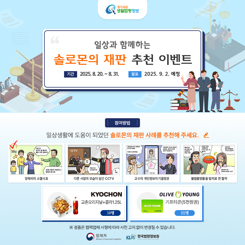 찾기 쉬운 생활법령정보 일상과 함께하는 솔로몬의 재판 추천 이벤트 기간 2025.8.20.~8.31. 발표 2025. 9. 2. 예정 참여방법 일상에 도움이 되었던 솔로몬의 재판 사례를 추천해 주세요. 양육비의 소멸시효 다른 사람의 모습이 담긴 cctv 교수의 개인정보자기결정권 불법촬영을 빌미로 한 협박 교촌 교촌오리지날+콜라1.25L 10명 올리브영 기프티콘(5천원권) 20명 ※경품은 협력업체 사정에 따라 사전 고지 없이 변경될 수 있습니다. 법제처 한국법령정보원