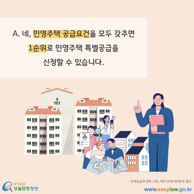 A. 네, 민영주택 공급요건을 모두 갖추면 1순위로 민영주택 특별공급을 신청할 수 있습니다. 「주택공급에 관한 규칙」 제41조제1항제2호 참조