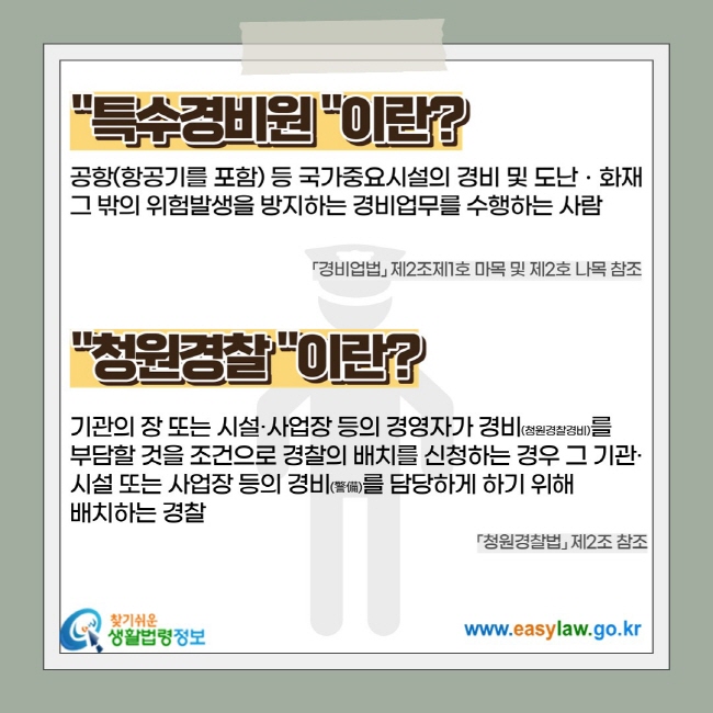 특수경비원이란? 공항(항공기를 포함) 등 국가중요시설의 경비 및 도난ㆍ화재 그 밖의 위험발생을 방지하는 경비업무를 수행하는 사람, 청원경찰이란? 기관의 장 또는 시설·사업장 등의 경영자가 경비(청원경찰경비)를  부담할 것을 조건으로 경찰의 배치를 신청하는 경우 그 기관·시설 또는 사업장 등의 경비(警備)를 담당하게 하기 위해  배치하는 경찰