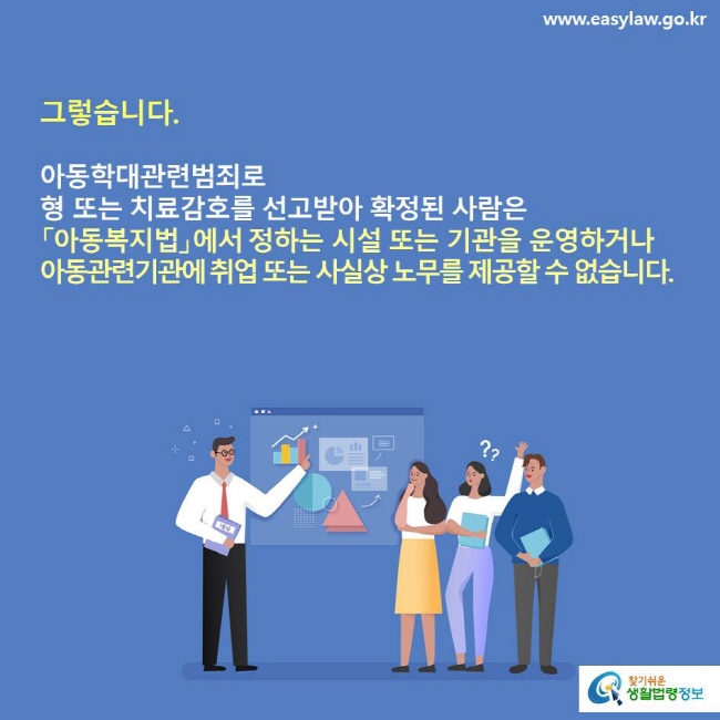 그렇습니다. 아동학대관련범죄로 형 또는 치료감호를 선고받아 확정된 사람은 「아동복지법」에서 정하는 시설 또는 기관을 운영하거나 아동관련기관에 취업 또는 사실상 노무를 제공할 수 없습니다.