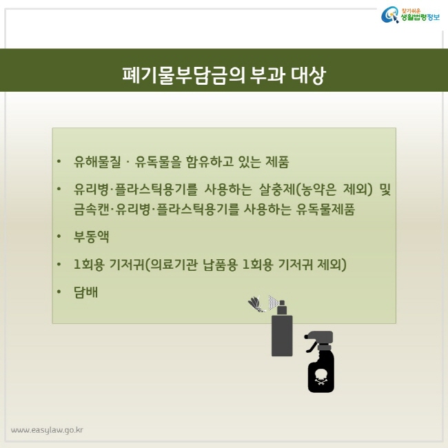 폐기물부담금의 부과 대상:유해물질 · 유독물을 함유하고 있는 제품 유리병·플라스틱용기를 사용하는 살충제(농약은 제외) 및 금속캔·유리병·플라스틱용기를 사용하는 유독물제품 부동액 1회용 기저귀(의료기관 납품용 1회용 기저귀 제외) 담배