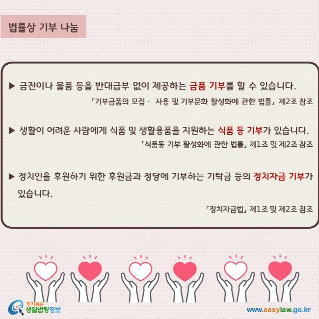 금전이나 물품 등을 반대급부 없이 제공하는 금품 기부를 할 수 있습니다. 생활이 어려운 사람에게 식품 및 생활용품을 지원하는 식품 등 기부가 있습니다. 정치인을 후원하기 위한 후원금과 정당에 기부하는 기탁금 등의 정치자금 기부가있습니다.